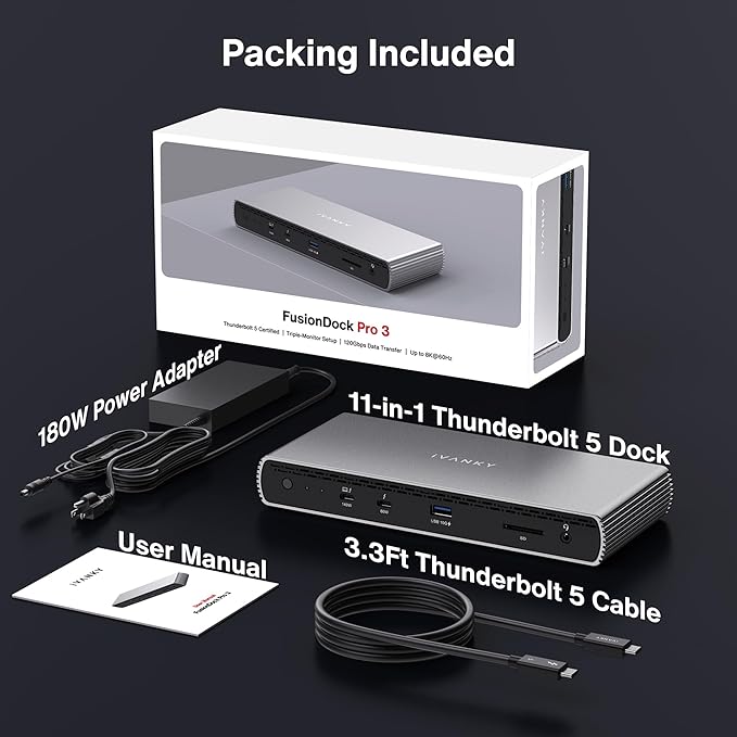iVANKY Thunderbolt 5 Dock FusionDock Pro 3 Docking Station 11-in-1 Hub Single 8K, Dual 6K@60Hz for MacBook M1/M2/M3/M4/M5 Pro/Max, Dual 8K@60Hz for Windows TB5, 180W Power, 120Gbps, 2.5GbE