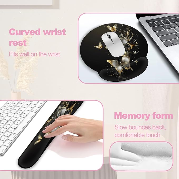 Golden Butterfly Keyboard Wrist Rest Pad Mouse Pad Set,Ergonomic Mousepad Wrist Support Memory Foam Desk Pad for Gaming Office,Non-Slip Rubber Base Easy Typing for Home Office Computers