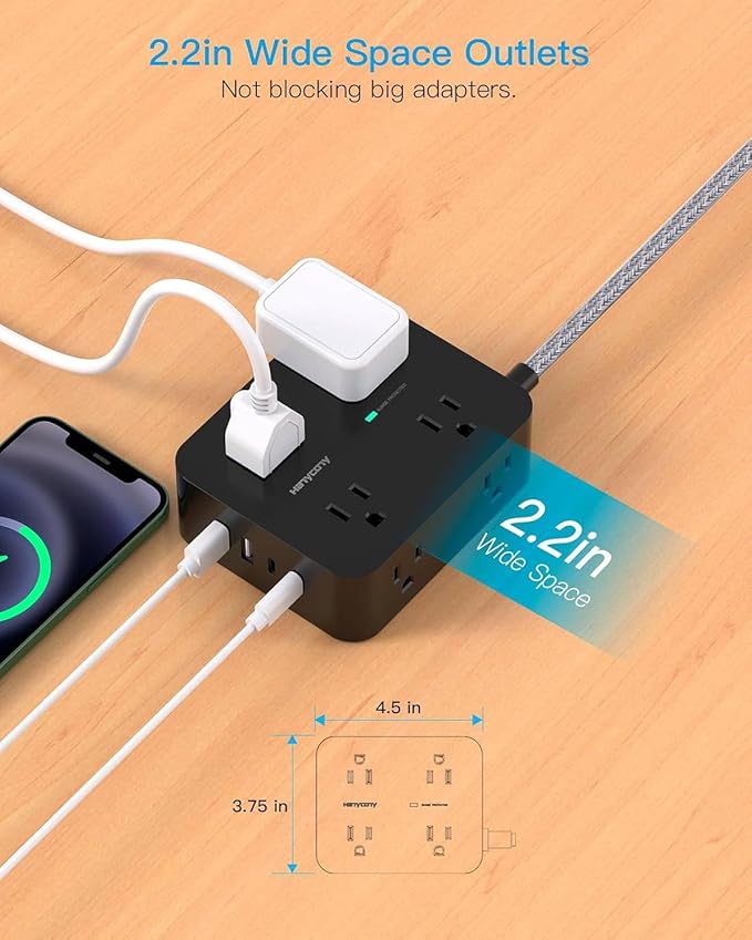 Long Cord Power Strip 10 Ft, HANYCONY Ultra Thin Extension Cord, Surge Protector with Flat Plug, 8 Outlets 4 USB Charging Station(2 USB C), Outlet Extender for Office Home College Dorm Room Essentials