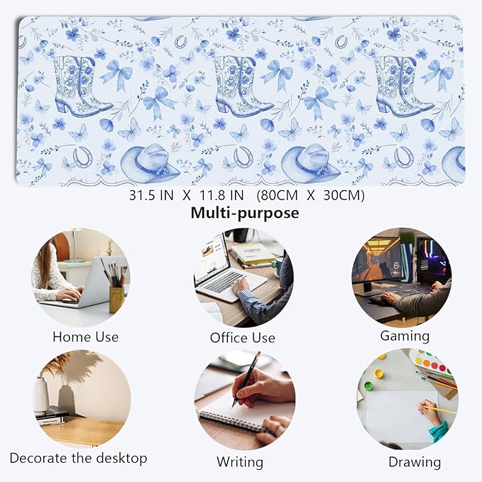Light Blue Western Desk Mat,Cowgirl Mouse Pad,Blue And White Floral Large Mouse Pad,Western Desk Accessories for Dorm Office Decor, 31.5x11.8 Inch