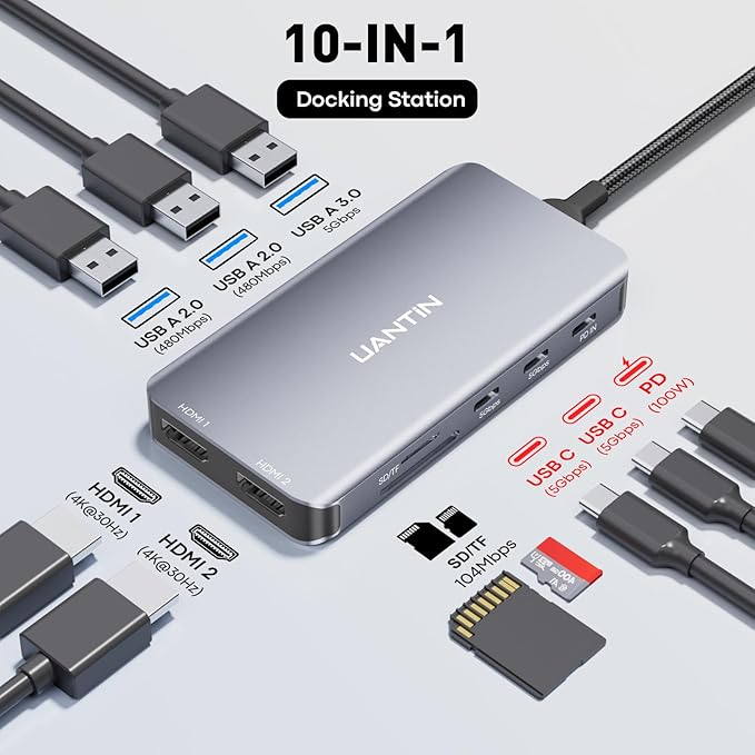 USB C Docking Station Dual Monitor, 10-in-1 USB C to Dual HDMI Adapter with 2HDMI Ports, USBC & USBA 3.0, SD/Micro SD, 100W PD, Laptop Docking Station for Dell XPS/HP/Lenovo/Mac/Surface etc