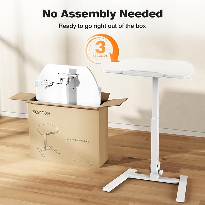 ROMOON Folding Small Standing Desk with Wheels, No-Assembly Portable Sit-Stand Laptop Cart, Adjustable Height Rolling Space Saving Workstation for Home Office, Small Space (White)