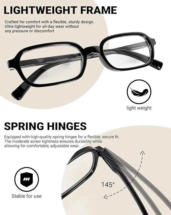 2 Pack Rectangle Blue Light Glasses for Women, Lightweight TR90 Small Frame with Spring Hinge for All-Day Comfort, Anti UV Glare & Eyestrain
