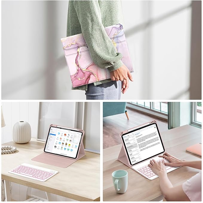 Soke for iPad (A16) 11th/10th Generation Case with Keyboard(2025/2022)-7 Color Backlight Wireless Detachable Folio Keyboard Cover with Built-in Pencil Holder for iPad 11/10.9 inch, Dreamy Marble