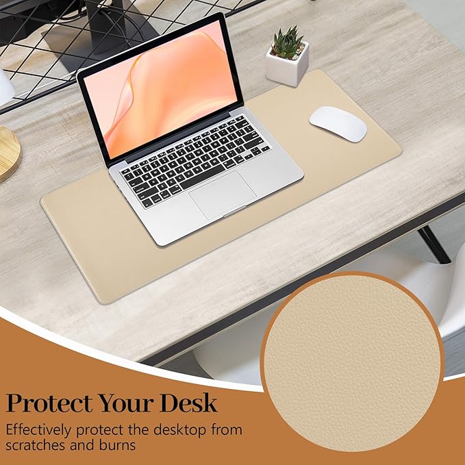 Beige Leather Desk Mat Large Mouse Pad, Waterproof Desk Pad for Keyboard and Mouse, Non-Slip Computer Desk Protector, Smooth Mouse Movement Desk Mat for Home and Office(23.6"×13.8")