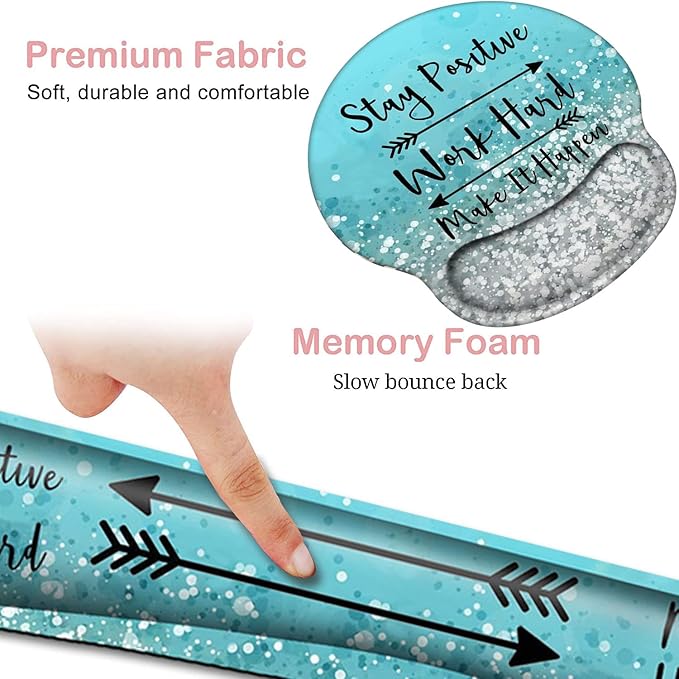 Keyboard Wrist Rest and Mouse Pad with Wrist Support, Ergonomic Mouse Pad Coaster,Easy Typing Pain Relief,Keyboard Mousepad Set,Stay Positive Work Hard and Make It Happen Blue Glitter