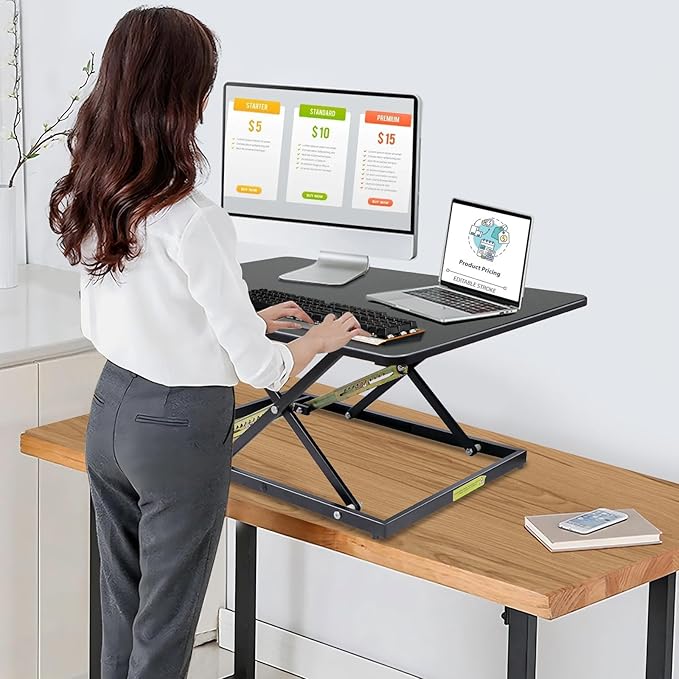 32in Desk Riser for Standing or Sitting, Large Standing Desk Converter, Height Adjustable Sit Stand Desk Converter, Fully Assembled Monitor Laptop Riser Workstation for Home Office, Black