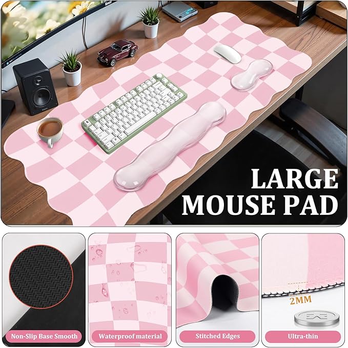 L-SPOUTTO Pink Checkered Mouse Pad Set,Scalloped XXL Desk Mat + Ergonomic Mouse Wrist Rest + Gel Keyboard Wrist Rest for Keyboard 65%/75%,3in1 Large Desk Pad for Desktop Home Office Computer Game