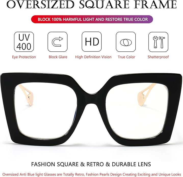 AIEYEZO Oversized Blue Light Glasses for Women, Anti Fatigue Prevent Headache Computer Eyeglasses