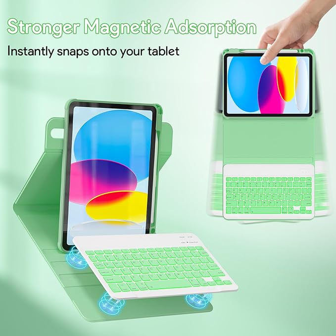 YBING Keyboard Case for iPad 10th Gen 10.9 inch(2022) & 11th Gen(A16, 2025), 7-Color Backlit Detachable Keypad & Rotatable Magnetic Case with Pencil Holder (Green)