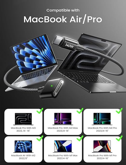 LISEN 140W Magnetic Safe 3 Cable for MacBook Air/Pro Charger Cord (6.6FT Black), USB C to Magnetic 3 Cable for MacBook Air/Pro (15''/13'' M3 2024, 15" M2 2023, 13" M2 2022)