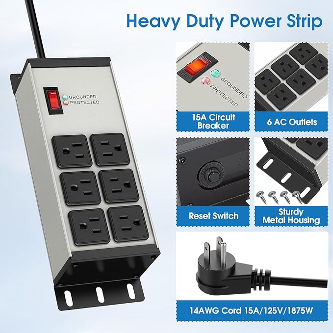 Heavy Duty Power Strip Surge Protector 2500J, 15A 1875W 6 Outlets Extension Cord 4FT 14AWG with Flat Plug, Metal Power Strip for Kitchen Appliances, Workshop, Garage & Office (Gray, 4FT)