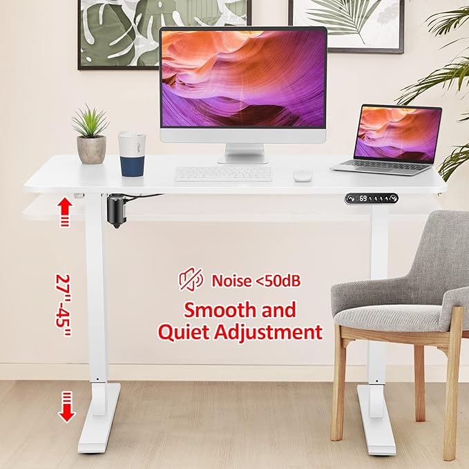 Standing Desk Adjustable Height, 48'' X 24'' Ergonomic Home Office Computer Workstations with Wheels and Hooks, 27''-45'' Lifting Range Stand Up Desk(White)