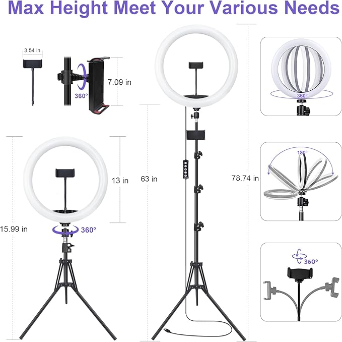 10" Selfie Ring Light with 73" Tripod Stand & 1 Phone Holder, LED Camera Ringlight with 48 RGB Colors Modes & Musical Rhythm Mode and 12 Brightness Dimmable for TikTok/Makeup/Photography/Vlog