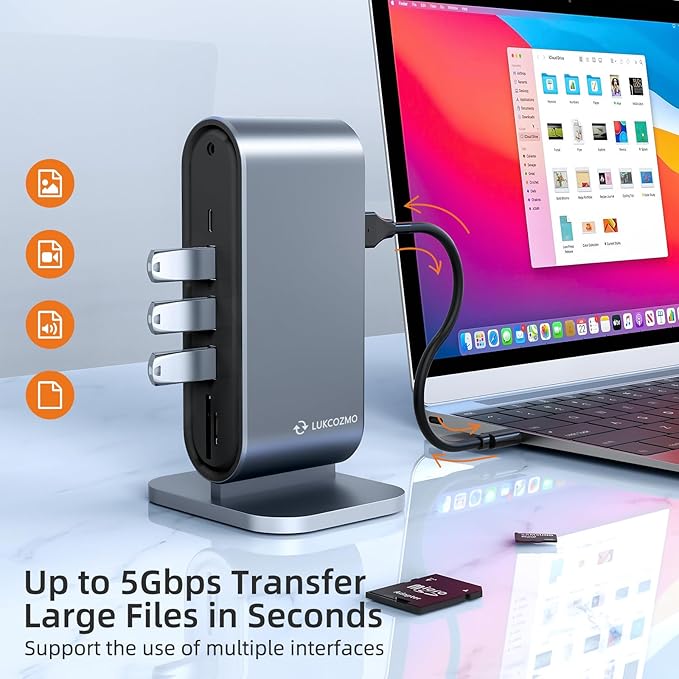USB3.0 Universal Docking Station with 100W Charging, Dual Monitor for Windows and Mac, USB 3.0 or USB-C (HDMI, 1x USB-C, 4X USB3.0,VGA1080P, Ethernet, Audio, TF/SD Card Reader)