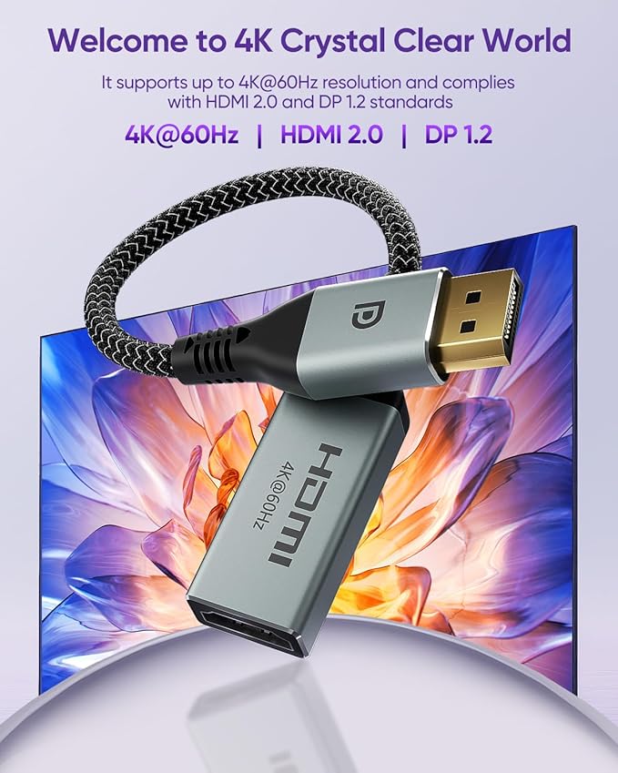 VCELINK 4K Display Port to HDMI Adapter [4K@60Hz, 2K@165Hz, 2K@144Hz], Uni-Directional DP Male to HDMI Female Converter for Monitor, Computer, TV, Projector