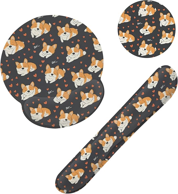 Cute Funny Corgi Dog Keyboard Wrist Rest Pad and Mouse Pad Wrist Support Set,3-in-1 Ergonomic Mouse Pad with Non-Slip Rubber Base for Home Office Game Computers Desk,