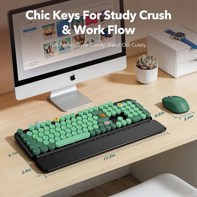 Wireless Keyboard and Mouse Combo, Round Keycaps, Full-Size Retro Typewriter Keyboard with Magnetic Wrist Rest, Tilt Legs, 2.4GHz Cordless for Mac, Windows PC, Laptop, SABLUTE CK23, Black & Green
