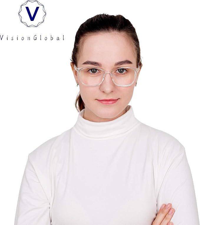 VisionGlobal Blue Light Blocking Glasses for Women Men, Stylish Square Frame (Clear, No Magnification)