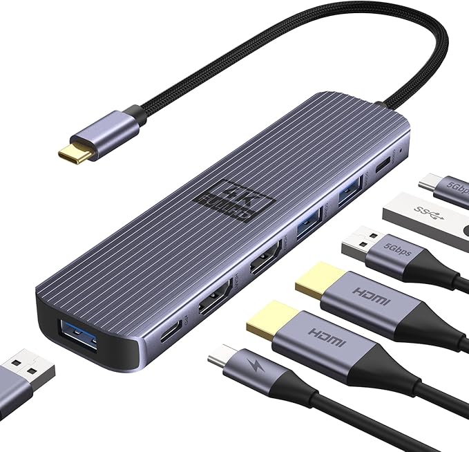 USB C to Dual HDMI Adapter, Newmight 7-in-1 USB-C Docking Station Dual Monitor Multiport Dongle with 2 HDMI 4K 60HZ, 3 USB 3.0, USBC 3.0 Data Port, 100W PD for MacBook Pro, iPhone 15/Pro Max, HP, Dell