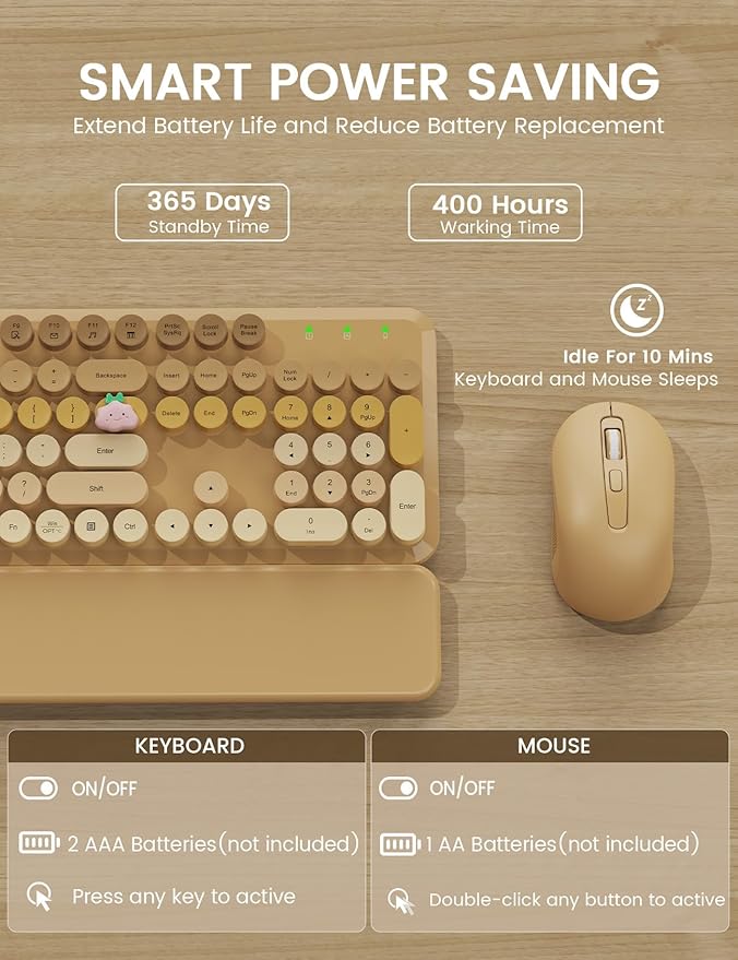 Wireless Keyboard and Mouse Combo, Typewriter Keyboard with Detachable Wrist Rest, Full-Size Retro Round Keycaps, Smart-Sleep, 2.4GHz Stable Connection for Mac/Windows/PC, Trueque (Ombre Latte Beige)