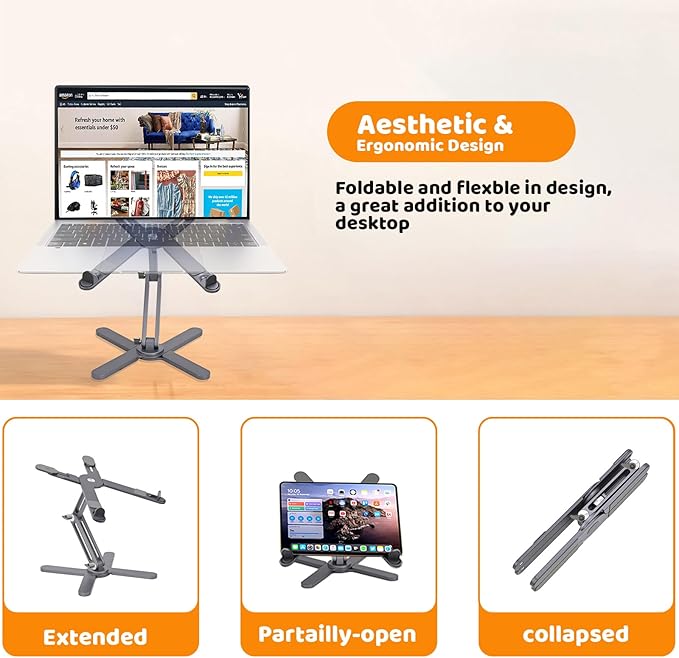Laptop Stand with 360 Rotating Base, Computer Notebook Laptop Riser Metal Holder for Desk Collaborative Work, Fully Foldable for Easy Storage, Fits All MacBook, Laptops up to 16 inches, Grey