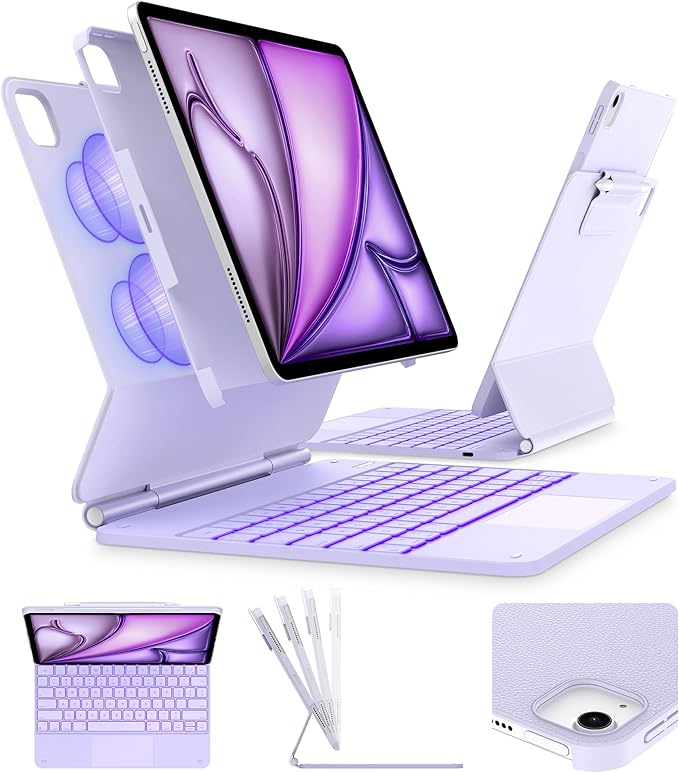 typecase Edge+ Keyboard Case for iPad Air 13"(M4/M3/M2, 2026/2025/2024) & iPad Pro 12.9"(3/4/5/6th Gen),Ultra-Slim Detachable Case,Portrait &Typing Modes,11-Color Backlight,Magnetic Stand,Light Purple