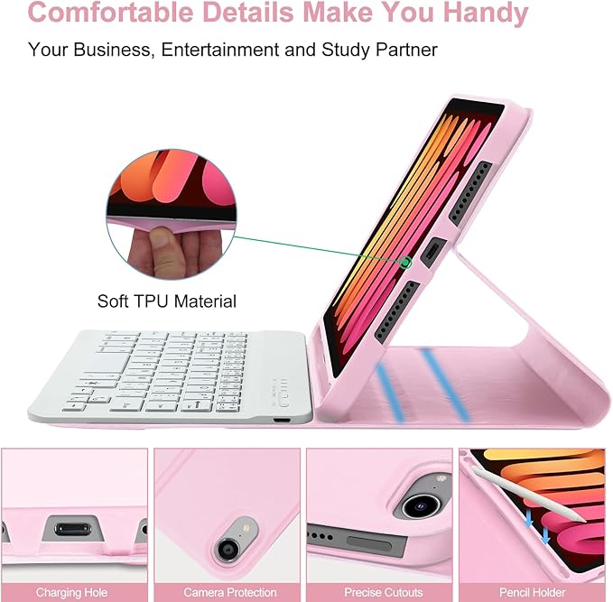 BORIYUAN iPad mini 7th Gen Keyboard Case 2024, Detachable Bluetooth Keyboard Slim Folio Smart Cover with Build-in Pencil Holder for iPad mini (A17 Pro) 7th Gen 2024 / 6th Gen 8.3 Inch, Pink