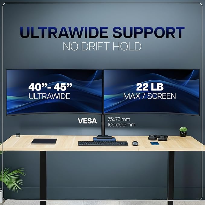 VIVO Premium Dual Ultra Wide LCD LED 40 to 45 inch Monitor Desk Mount, Heavy Duty, Adjustable Telescoping Arms, Flush Wall Setup, Fits 2 Screens, Black, STAND-TS45C