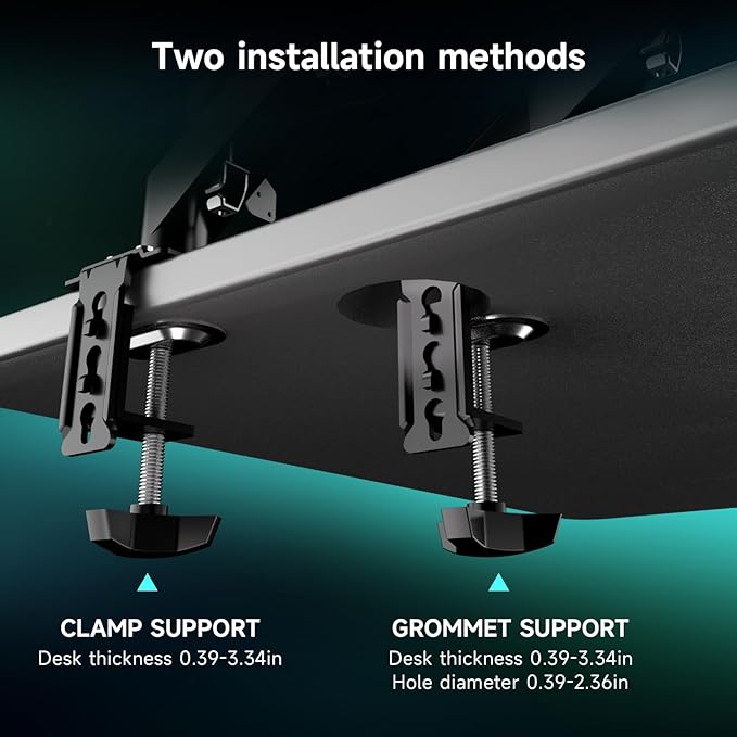 Pholiten Laptop Desk Mount with Gas Spring Arm, 2 in 1 Monitor Laptop Stand for 12-17 inch Notebook and 13-32 inch Computer Screen,Holds 22lbs. Full Motion Monitor Laptop Stand Mount with Vented Tray