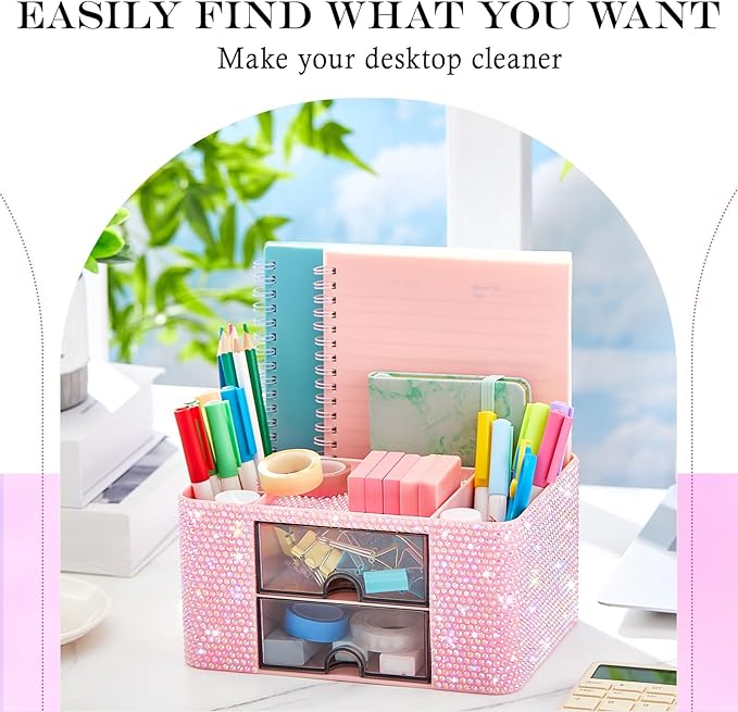 Pink Bling Desk Organizer with 2 Drawer, Sparkly Makeup Organizer for Vanity, Girly Desk Accessories, Rhinestone Pen Holder, Elevate Your Workspace with Pink Serenity (Diamond)
