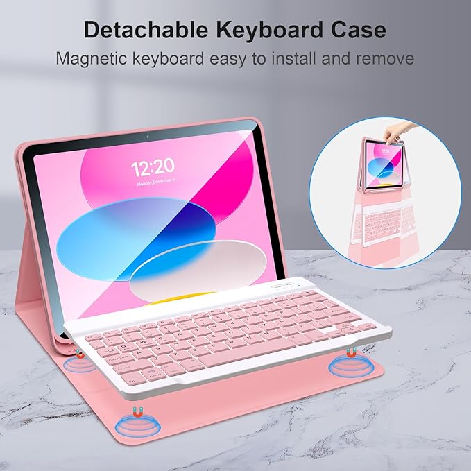 for iPad 10th/11th(A16) Generation Case with Keyboard 2022/2025, 10.9 Inch Magnetic Detachable Bluetooth Keyboard Folio Cover, Soft Silicone Lining & Built-in Apple Pencil Holder, Pink