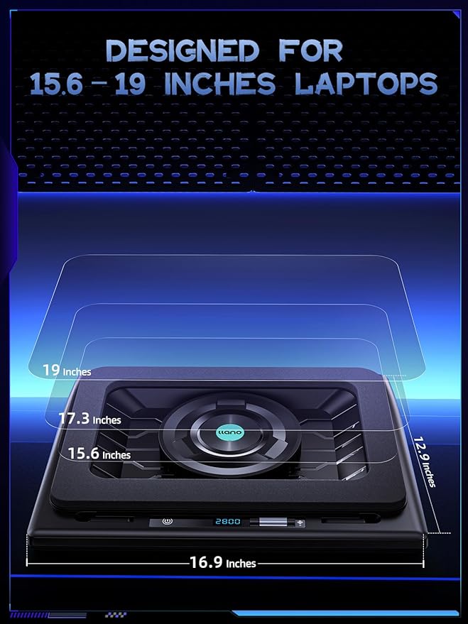 llano V12 Laptop Cooling Pad, Gaming Laptop Cooler Stand with 5.5inch Powerful Turbo Fan, Adjustable Speed, Touch Control, 3-Port USB A, for Fast Cooling Laptop 15.6-19in, Black (No RGB)