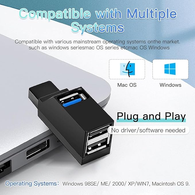 USB Hub,USB 3.0 Splitter,USB 3-Port Extender Multiport USB Adapter,High Speed Plug and Play Bus Powered for MacBook, Mac Pro/Mini,iMac, Surface Pro,XPS,Notebook PC,USB Flash Drives,Mobile HDD
