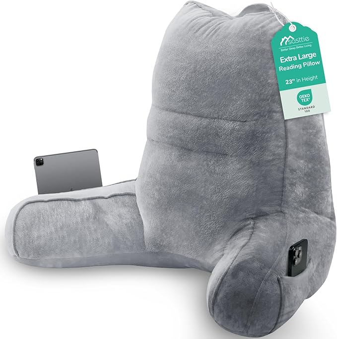 Sasttie Reading Pillow for Bed - 23 Inch, Back Pillow for Bed Sitting Up, Back-Rest Support Cushion with Side Pockets and Arms, Dorm Essentials, Oeko-Tex Certified, Dark Grey