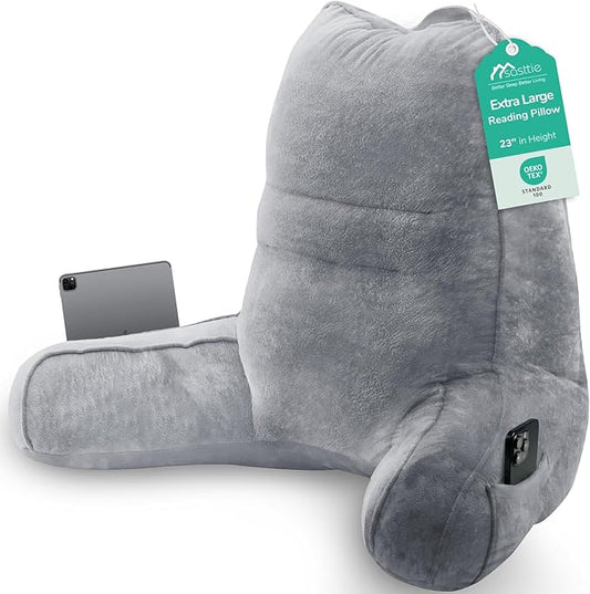 Sasttie Reading Pillow for Bed - 23 Inch, Back Pillow for Bed Sitting Up, Back-Rest Support Cushion with Side Pockets and Arms, Dorm Essentials, Oeko-Tex Certified, Dark Grey