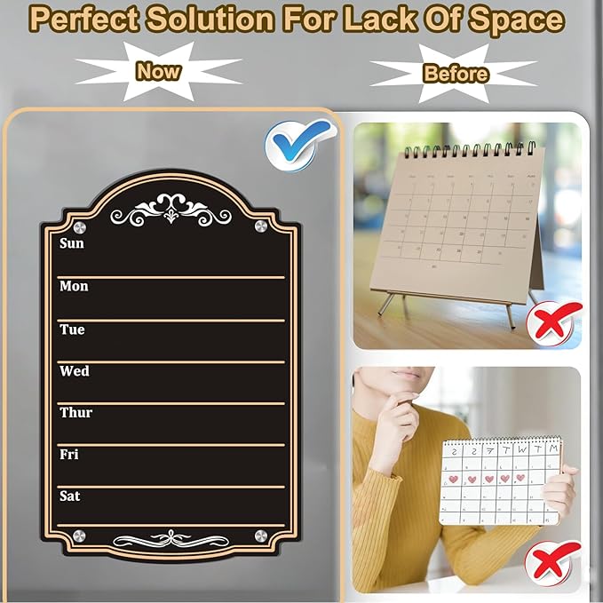 Acrylic Magnetic Dry Erase Board Calendar for Fridge 12" x 8" Black Weekly Planner Whiteboard for Refrigerator Magnet Planning Calendars to Do List Family House Kitchen Decor with 7 Colors Markers
