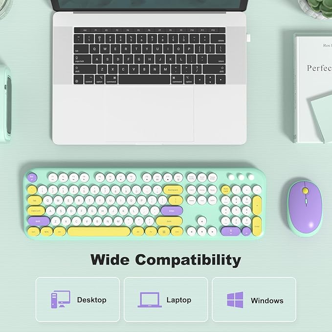 MOFII Wireless Keyboard and Mouse Combo - Pale Mint Full Sized Plug and Play Colorful Computer Keyboards - 104 Keys Round Keycap USB 2.4G Cute Keyboard for Windows/Laptop/Mac/Desktop/PC