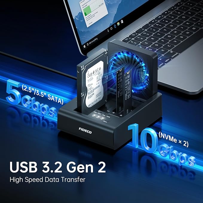 FIDECO M.2 NVMe SSD Cloner and Duplicator, 3-Bay Hard Drive Cloner Dock for M.2 NVMe SSD and 2.5"/3.5" SATA HDD, Hard Drive Reader with Foldable Cooling Fan, Ultimate Heat Dissipation, Tool-Free