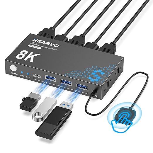 Hearvo USB 3.0 HDMI KVM Switch 1 Monitor 2 Computers, 8K@60Hz KVM Switches for 2 Computers Sharing Monitor Keyboard Mouse Hard Drives Printer,with EDID Adaptive,2*USB Cable and Controller -S7229H