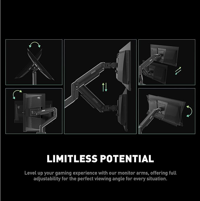 MSI MAG MT201 - Premium Heavy Duty Single Monitor Stand Arm, Supports 17-49" Screens and 44 lbs, VESA Compatible, Adjustable Spring Assisted Mount, Clamp & Grommet, Quick Release Plate - Black