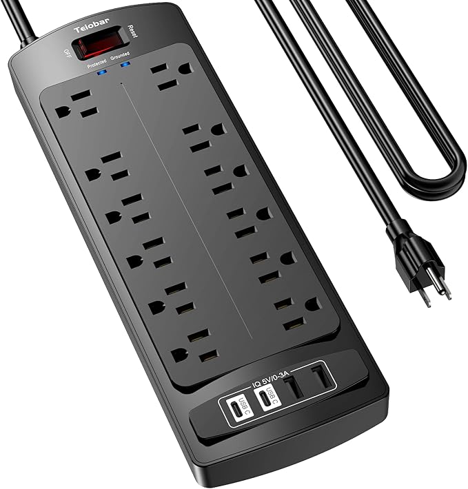 10 Ft Extension Cord Power Strip, Teiobar Surge Protector with 12 AC Outlets and 4 USB Ports for Home, Office, Dorm Essentials, 1875W/15A, 2700 Joules, ETL Listed, Black