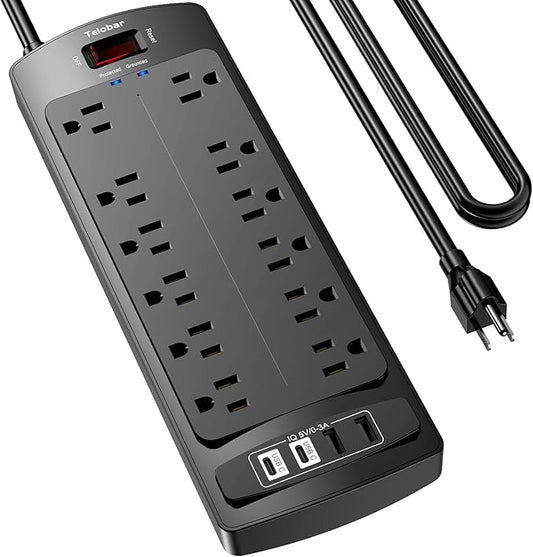 10 Ft Extension Cord Power Strip, Teiobar Surge Protector with 12 AC Outlets and 4 USB Ports for Home, Office, Dorm Essentials, 1875W/15A, 2700 Joules, ETL Listed, Black