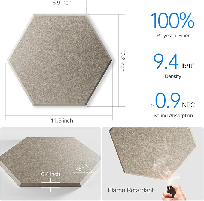 16 Pack Self-Adhesive Acoustic Panels 12" X 10" X 0.4" - Sound Proof Foam Panels for Wall with High Density, Hexagon Design, Flame Resistant, Absorb Noise and Eliminate Echoes(Camel)