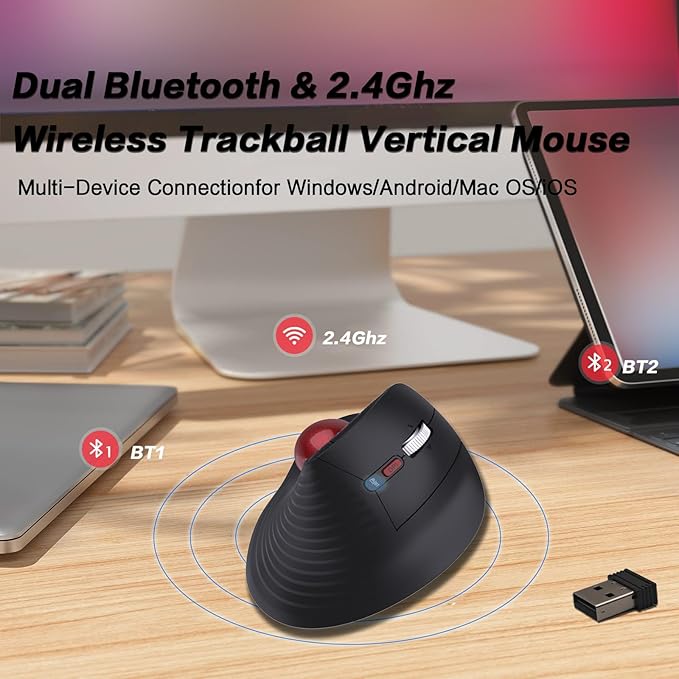 JOMAA Wireless Vertical Trackball Mouse - Ergonomic Design, 3-Device Switching, 2.4G/Bluetooth 5.0, Rechargeable Type-C, Adjustable DPI, Compatible with Windows/macOS/iOS/Android (RED)