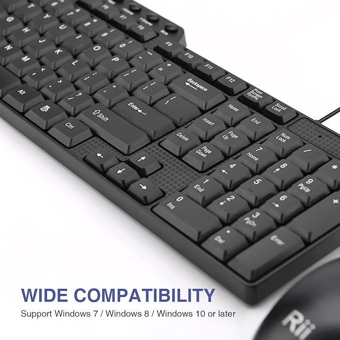 Basic Keyboard and Mouse,Rii RK203 Ultra Full Size Slim USB Basic Wired Mouse and Keyboard Combo Set with Number Pad for Computer,Laptop,PC,Notebook,Windows and School Work(1 Pack)