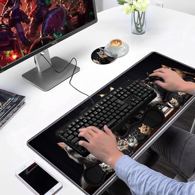Ergonomic Keyboard Wrist Rest & Mouse Pad Wrist Rest Set,Large Gaming Desk Mat 31.5"x 11.8" with Non-Slip Base,Memory Foam,Easy Typing Pain Relief for Home & Office,A Group Fluffy Cats Stand in A Row