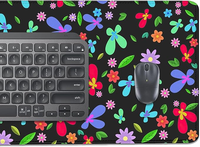 Colorful Flowers Desk Pad Mouse Pad,Large XL Green Leaves Floral Mouse Mat with Stitched Edges,Non-Slip Rubber Base Mousepad for Office PC Keyboard Laptop and Home Work Desk Mat(31.5X11.8 in)
