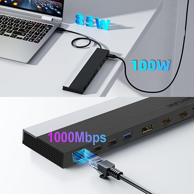 WAVLINK Docking Station 3 Monitors, USB C Triple Display Docking Station with DP + 2X HDMI, Dual 4K +1080P, PD 85W Charging, Gigabit Ethernet, Laptop Dock for Windows