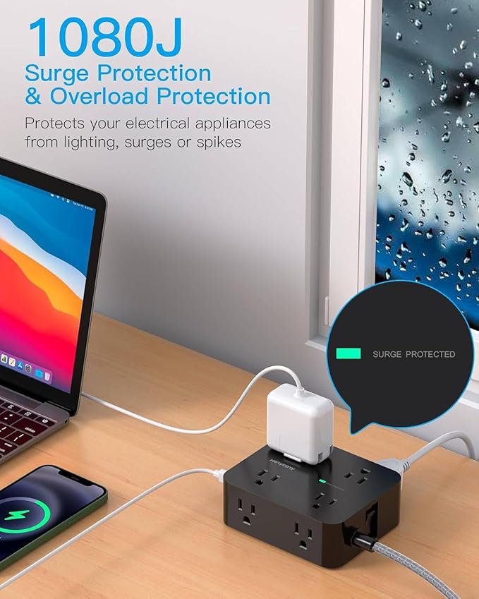 Long Cord Power Strip 10 Ft, HANYCONY Ultra Thin Extension Cord, Surge Protector with Flat Plug, 8 Outlets 4 USB Charging Station(2 USB C), Outlet Extender for Office Home College Dorm Room Essentials